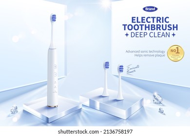 Creative electronic tooth brush ad template. 3d mock-ups displayed on glass cube stages with diamonds and walls in the background. Concept of teeth cleaning or whitening.