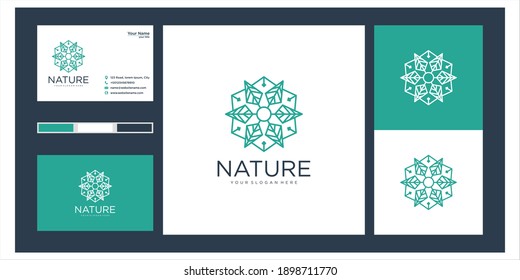 Kreative, elegante Blumenrose mit Logo-Design und Visitenkarte für Blattelemente. Logo für Kosmetik, Kosmetik, Yoga und Spa.	