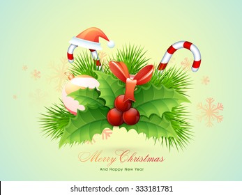 Creative elegant greeting card design with glossy ornaments on Snowflakes decorated background for Merry Christmas and Happy New Year celebrations.