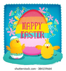 Creative elegant greeting card design with colorful Egg and Cute Chicks on beautiful flowers decorated sky blue background for Happy Easter celebration.