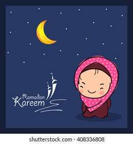  Creative and elegant greeting card wallpaper design with stylish text and a cute girl on blue background with shiny stars and moon for holy month of Muslim's Community Festival Ramadan Kareem.