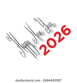 Diseño creativo, elegante del Vector del año Nuevo feliz 2026 con el guion adornado de la caligrafía y el efecto largo de la sombra