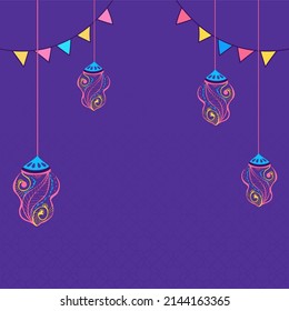 Creative Elegant Lanterns Hang And Bunting Flags Decorated Purple Islamic Pattern Background With Copy Space.