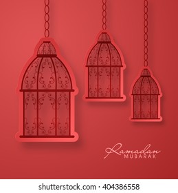 Creative elegant traditional paper lanterns on red background for Holy Month of Muslim Community, Ramadan Mubarak.