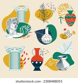 Creative elements for collage with abstract geometric shapes and vase silhouettes. Roman and Greek vector illustration. Art posters for the exhibition,  magazine or cover. Nostalgia collage creator