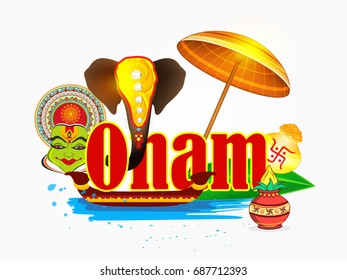 Creative elements, Elephant Face, Banana Leaf, Kathakali Face, Kalash etc. of Onam with Creative Text for Happy Onam.