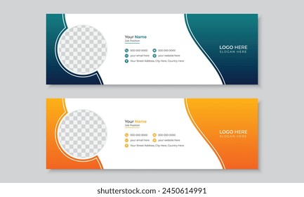 Creative email signature or email footer design template, modern minimalist personal social media cover layout design for multipurpose use, corporate business editable vector signature design