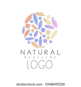Creative emblem with colorful floral pattern in circle shape. Natural medicine and wellness concept. Logo design for spa and health center. Watercolor vector illustration