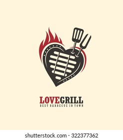 Creative emblem concept for bbq restaurant. Logo design template with barbecue, flame and heart. Love grill unique theme. Grill logo.