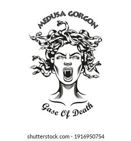 Emblema creativo de Medusa Gorgon. Elemento de diseño monocromo con criatura mito hembra con serpientes para el pelo. Antiguo concepto de mitología de Grecia para tatuajes, estampado, plantilla de impresión