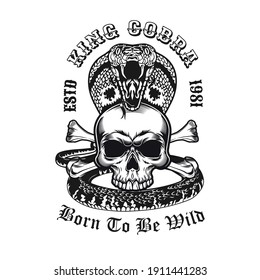 Creative emblem with king cobra on skull. Monochrome design elements with human skull, snake and crossed bones. Gothic or horror concept for label, stamp, tattoo template