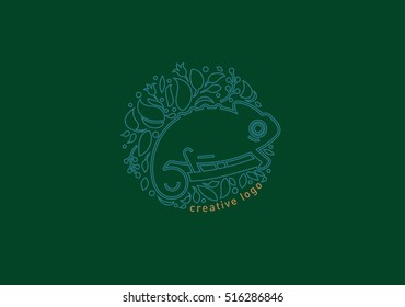 Creative emblem in a linear style, the chameleon
