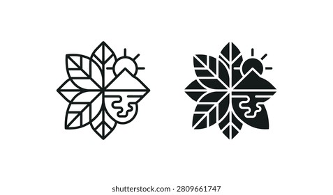 Creative emblem merging natural elements like leaves mountain sun and water. Symbolizing environment and harmony.
