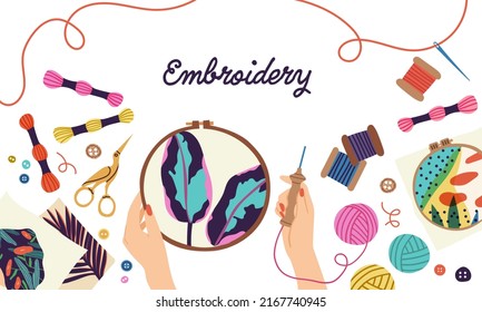 Creative embroidery  workshop. Template banner educational courses. Vector hand drawn illustration in cartoon flat style.