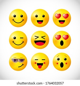Creative emoticon set. Isolated abstract graphic design template. Internet messenger app smile icons with 3D effects. Network vector signs, bright web collection. Cute yellow faces, fun style symbols.