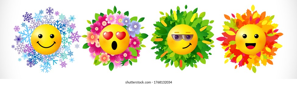 Creative emoticon set. Isolated abstract graphic design template. Internet messenger icons with seasons of year elements. Network vector signs, bright collection. Cute smile faces, fun style symbols.