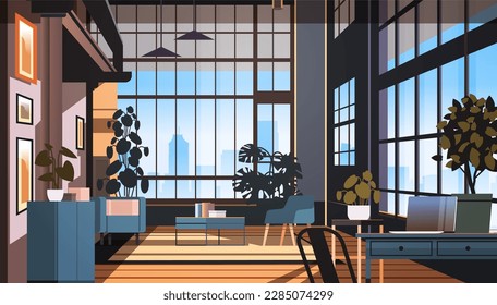 creative empty no people apartment modern loft interior of open space home office with furniture for corporate or freelance work