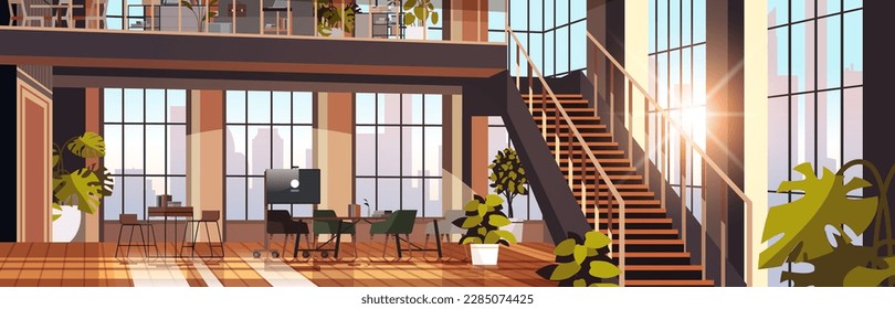 creative empty no people apartment modern loft interior of open space home office with furniture for corporate or freelance work