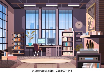 creative empty no people apartment modern loft interior of open space home office with furniture for corporate or freelance work