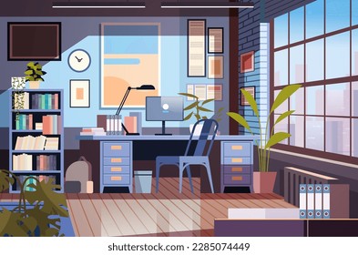 creative empty no people apartment modern loft interior of open space home office with furniture for corporate or freelance work