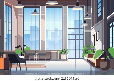 creative empty no people apartment modern loft interior of open space home office with furniture for corporate or freelance work