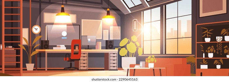 creative empty no people apartment modern loft interior of open space home office with furniture for corporate or freelance work