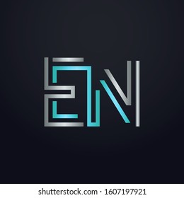 Creative EN letter with maze linear style. Modern logo symbol for business corporate. Blue and white logo on blue dark background. Square shape, colorful, linked and technology. Unusual design vector.