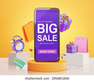 Creative end of the season sale background. 3d smartphone standing on podium with other shopping related objects. Suitable for e-commerce and black friday. - Shutterstock ID 2056851836