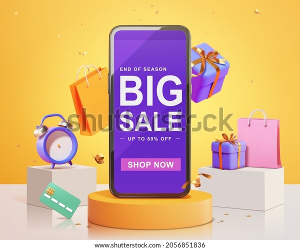 Creative end of the season sale background.\
3d smartphone standing on podium with other shopping related\
objects. Suitable for e-commerce and black\
friday.