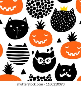 Creative endless pattern in scandinavian style with black cats and pumpkins. Hand drawn art in trend.