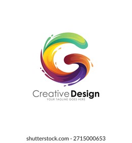 Logo creativo y enérgico de la letra "G" diseñado para imitar la fluidez de la pintura líquida o salpicaduras de tinta. La forma es orgánica y animada, con suaves curvas y gotitas dispersas que sugieren movimiento, espontaneidad y libertad artística. El esquema de colores es fresco y juguetón, pasando de un verde lima y turquesa en la parte superior, a través de un amarillo y naranja soleado, a un rico violeta y magenta en la parte inferior.