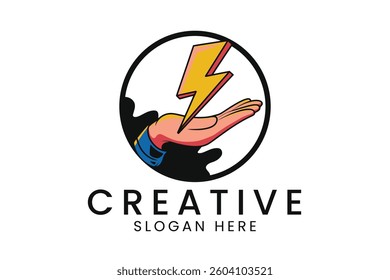Creative energy logo design concept featuring a hand holding a lightning bolt. Perfect for startup