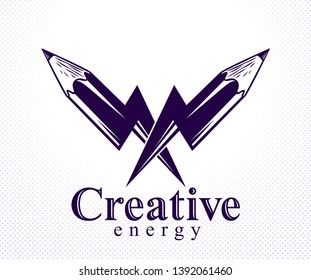 Creative energy power concept shown by two pencils in a shape of lightning bolts crossed, vector logo or icon, the power of idea, design and art, science invention or research.