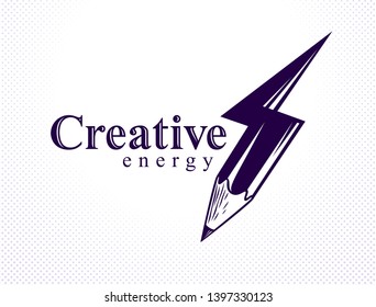 Creative energy power concept shown by pencil in a shape of lightning bolt, vector logo or icon, the power of idea, design and art, science invention or research.