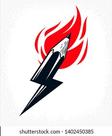 Creative energy power concept shown by pencil in a shape of lightning bolt with fire flame, vector logo or icon, the power of idea, design and art, science invention or research.