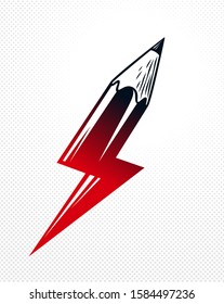 Creative energy power concept shown by pencil in a shape of lightning bolt, vector logo or icon, the power of idea, design and art, science invention or research.