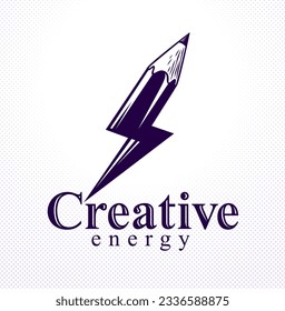 Creative energy power concept shown by pencil in a shape of lightning bolt, vector logo or icon, the power of idea, design and art, science invention or research.