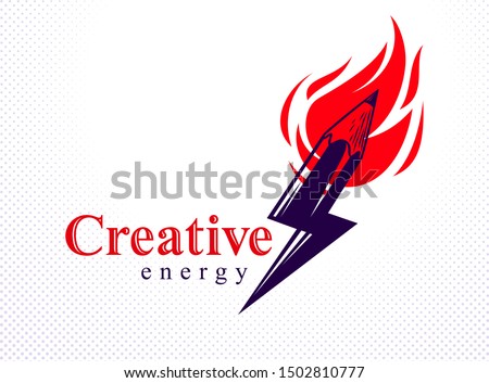 Creative energy power concept shown by pencil in a shape of lightning bolt with fire flame, vector logo or icon, the power of idea, design and art, science invention or research.