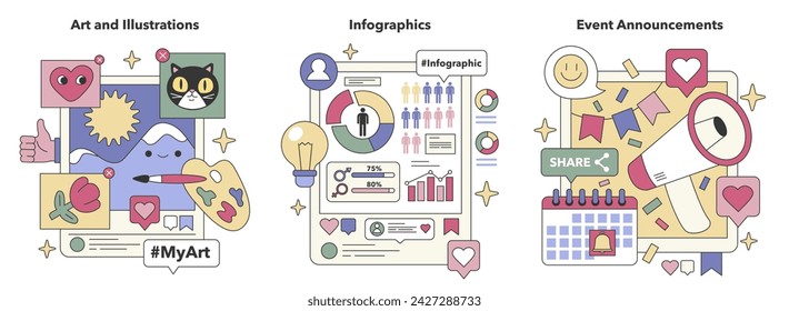 Creative Engagement set. Art sharing, data visualization, and event promotion. Engage audiences, present information, and announce activities. Flat vector illustration