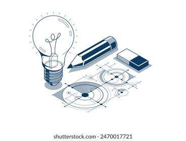 Creative engineering idea concept, light bulb with pencil and engineer blueprint plan 3D isometric vector design, engineering project, education and learning, invention and solution concept.