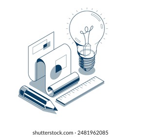 Creative engineering idea concept, light bulb with pencil and engineer blueprint plan 3D isometric vector design, engineering project, education and learning, invention and solution concept.