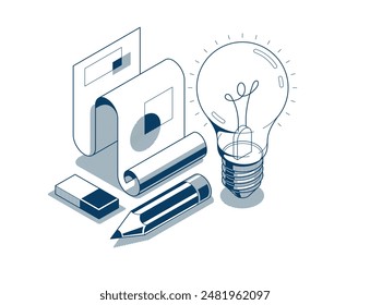 Concepto de idea de ingeniería creativa, bombilla con lápiz y diseño de Vector isométrico 3D de Plan plano de ingeniero, proyecto de ingeniería, educación y aprendizaje, invención y concepto de solución.