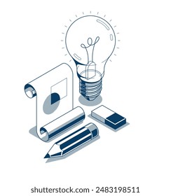 Creative engineering idea concept, light bulb with pencil and engineer blueprint plan 3D isometric vector design, engineering project, education and learning, invention and solution concept.