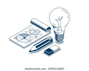 Creative engineering idea concept, light bulb with pencil and engineer blueprint plan 3D isometric vector design, engineering project, education and learning, invention and solution concept.