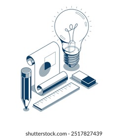 Conceito de ideia de engenharia criativa, lâmpada com lápis e projeto de engenharia projeto vetorial isométrico 3D, projeto de engenharia, educação e aprendizagem, conceito de invenção e solução.