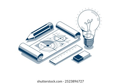 Conceito de ideia de engenharia criativa, lâmpada com lápis e projeto de engenharia projeto vetorial isométrico 3D, projeto de engenharia, educação e aprendizagem, conceito de invenção e solução.