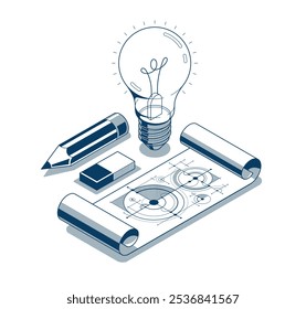 Conceito de ideia de engenharia criativa, lâmpada com lápis e projeto de engenharia projeto vetorial isométrico 3D, projeto de engenharia, educação e aprendizagem, conceito de invenção e solução.