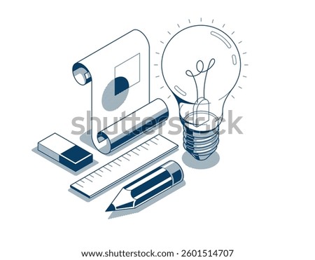Creative engineering idea concept, light bulb with pencil and engineer blueprint plan 3D isometric vector design, engineering project, education and learning, invention and solution concept.