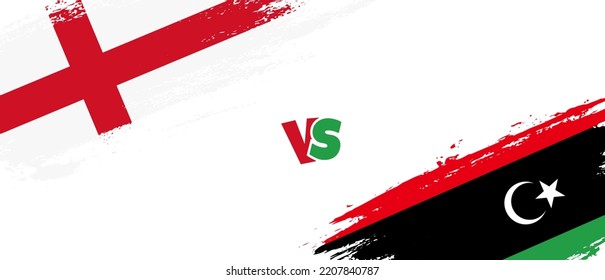 Creative England vs Libya brush flag illustration. Artistic brush style two country flags relationship background