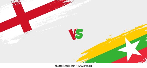 Creative England vs Myanmar brush flag illustration. Artistic brush style two country flags relationship background